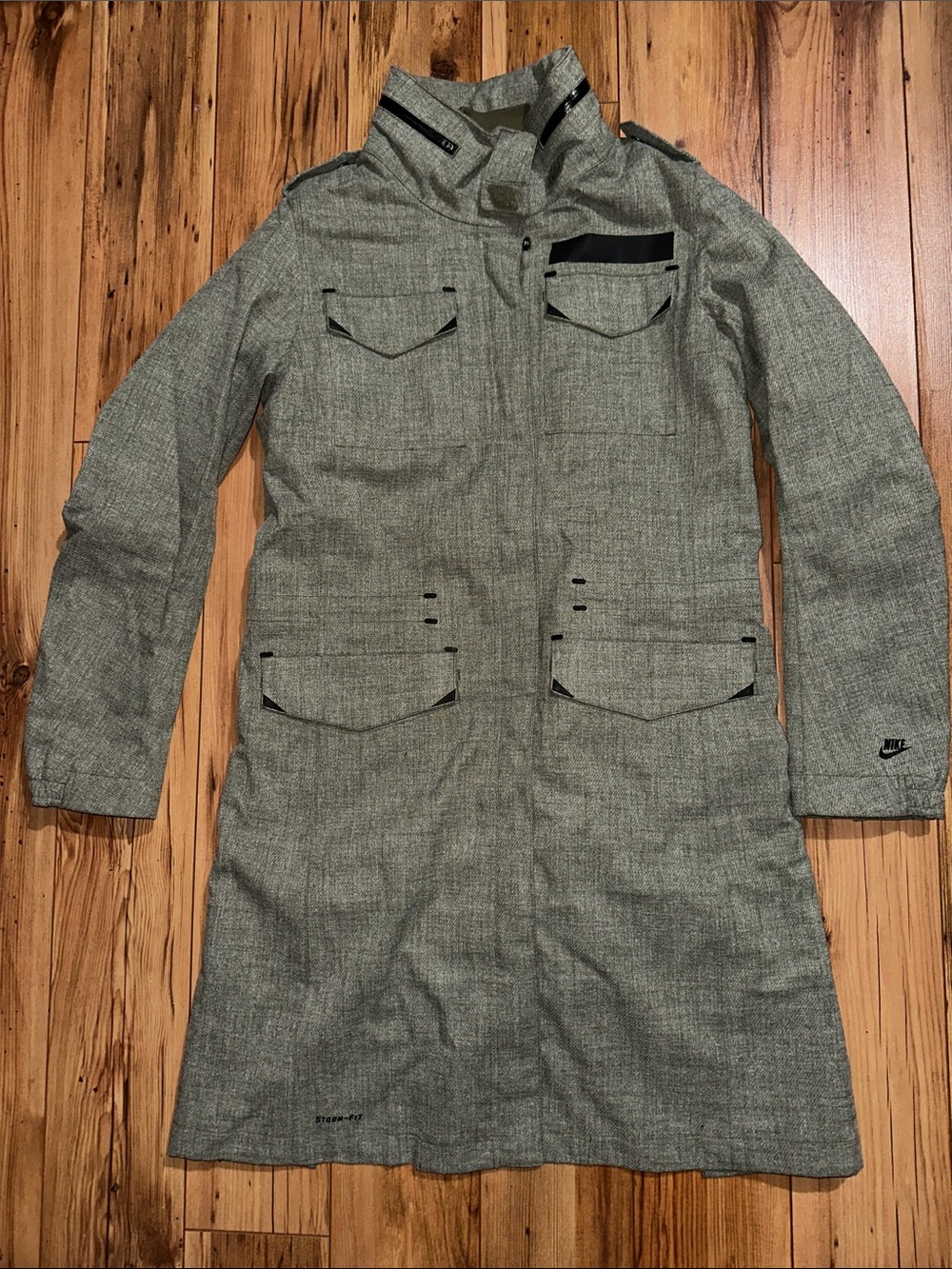 Nike Women's Green Twill Long Trench Coat with Utility Pockets
